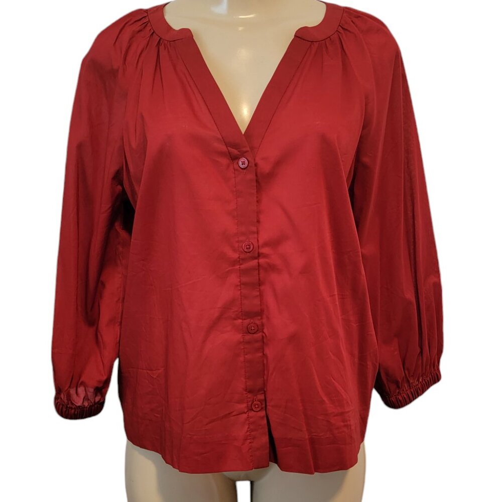 Alfani Terra Nova Cardinal Rouge Red V Neck Button Down Peasant Blouse - Picture 3 of 16